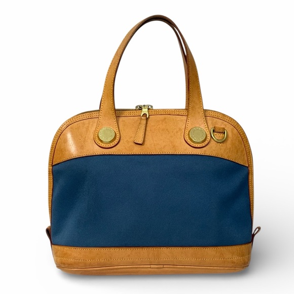 Dooney & Bourke Cabriolet Satchel Navy Canvas Tan Leather Trim - Picture 2 of 10